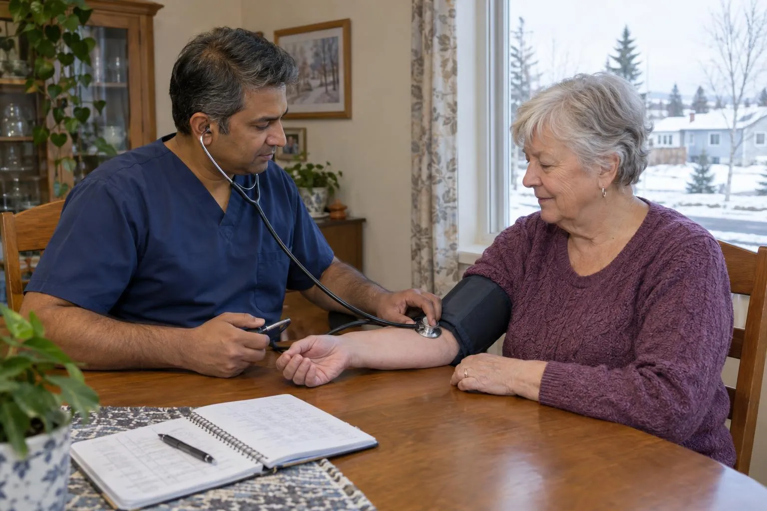 A nurse checks an older woman’s blood pressure at her dining table.