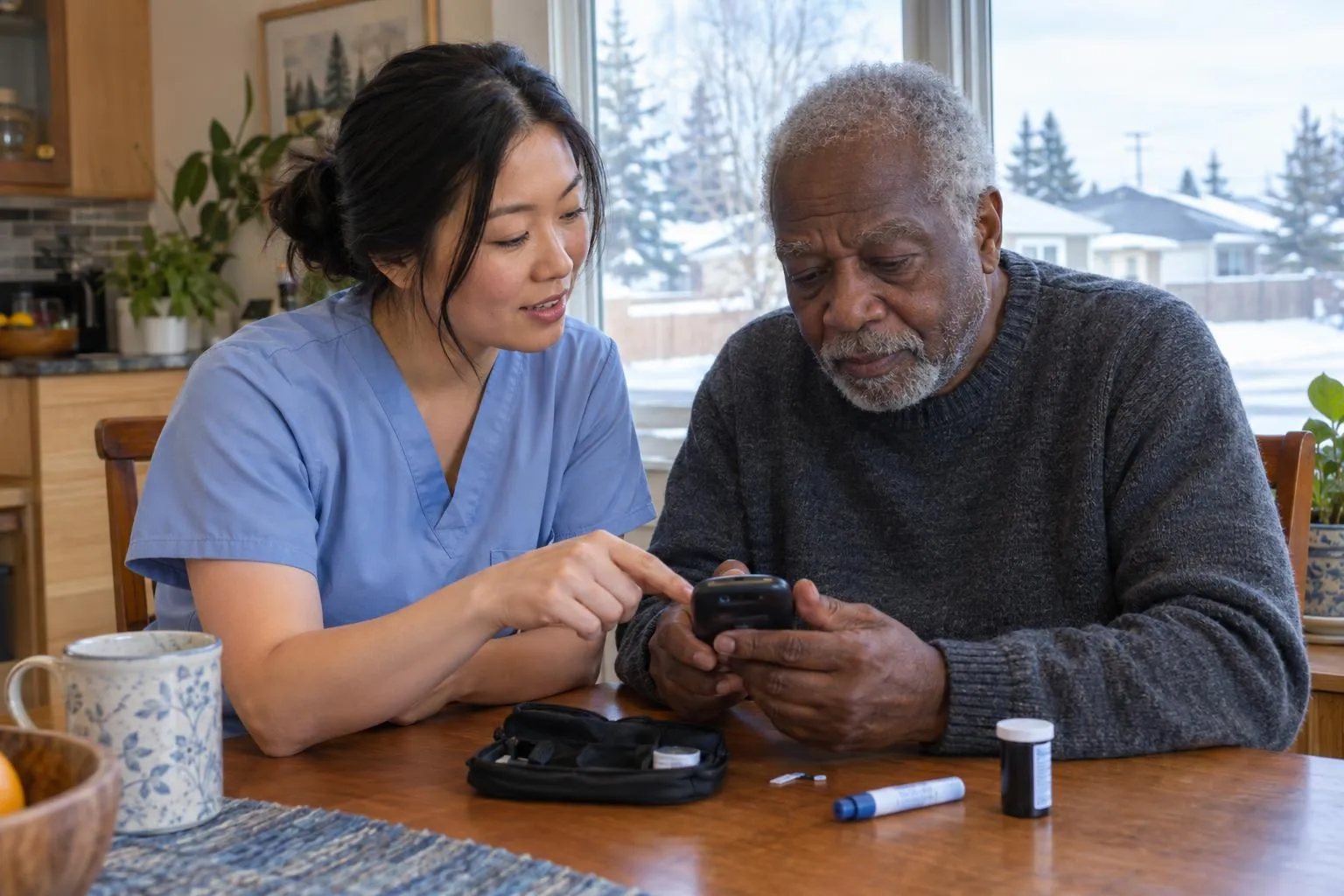 A nurse shows an older man how to read his blood glucose meter.