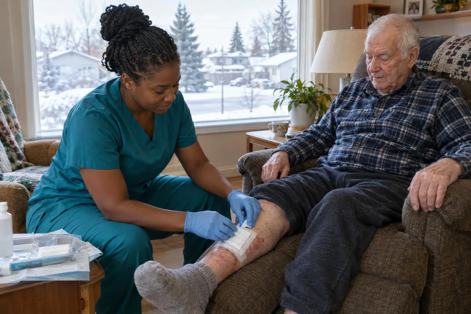 A nurse changes a dressing on an older man’s leg as he sits in a recliner.
