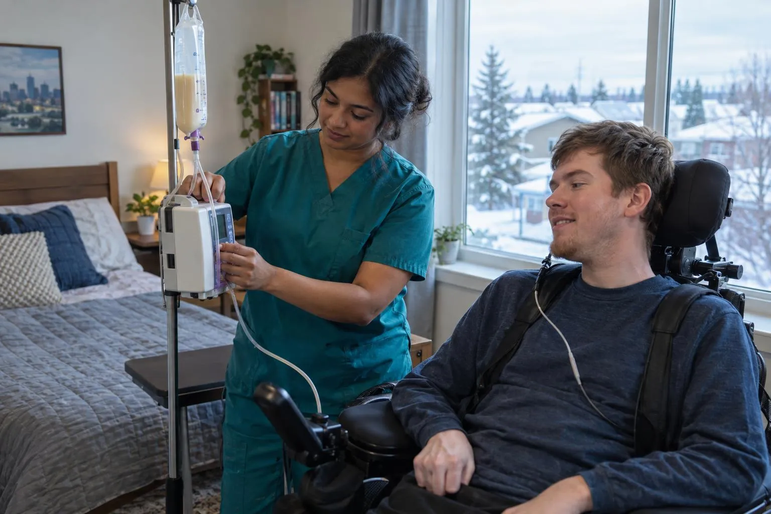 A nurse adjusts medical equipment beside a young man in a wheelchair in an accessible bedroom.