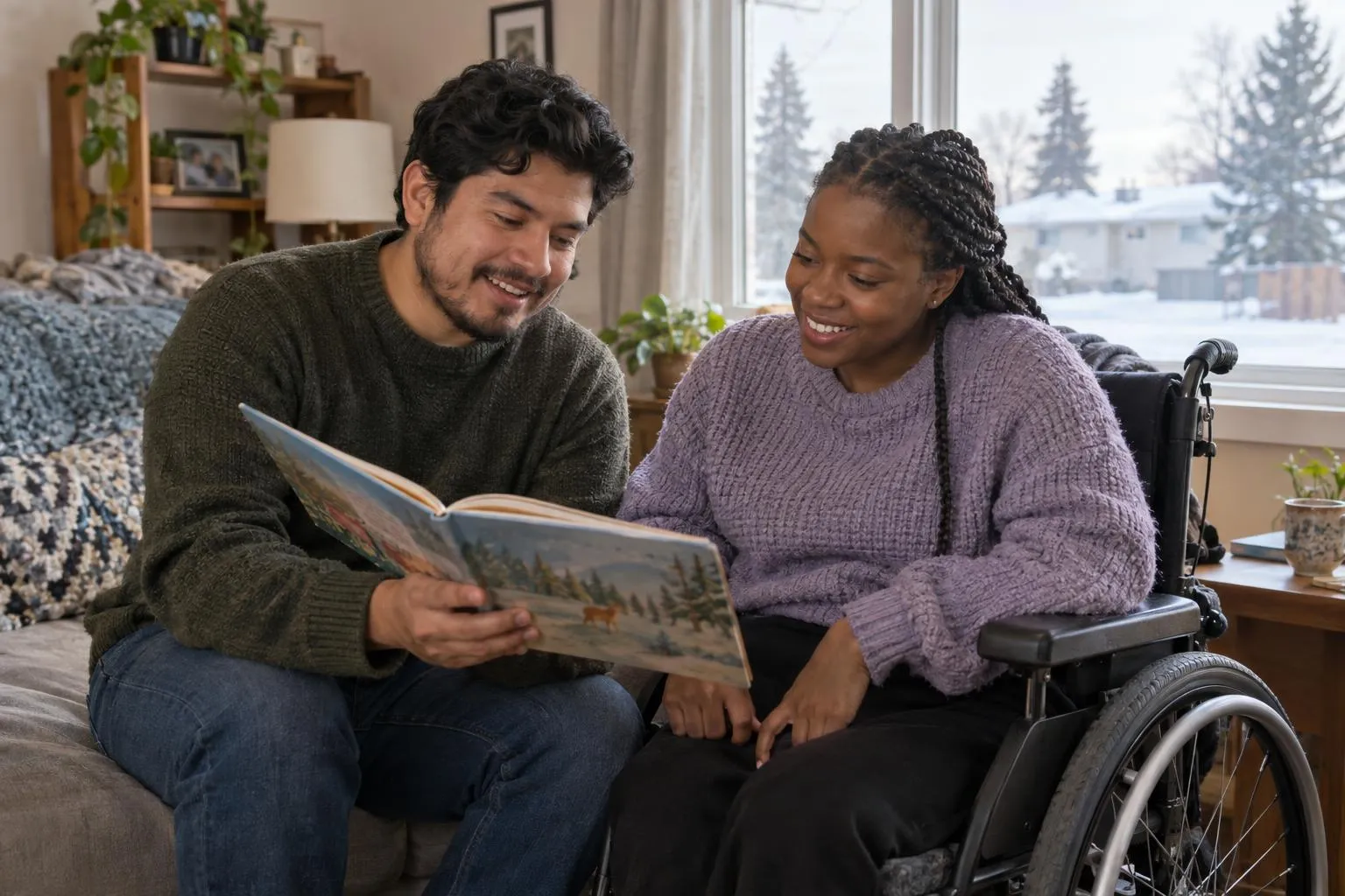 A support worker reads aloud to a young woman who uses a wheelchair.