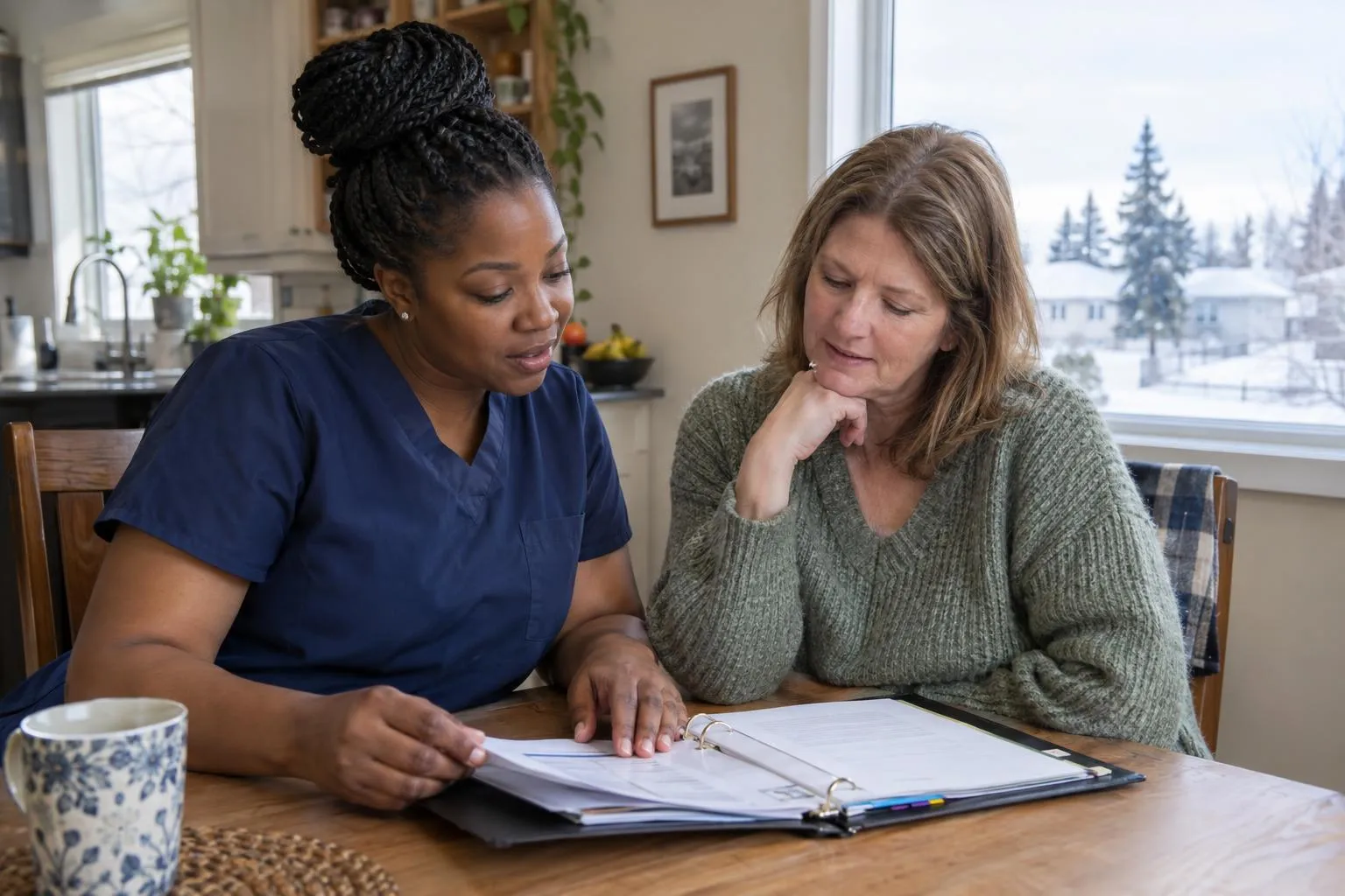 A nurse and a mother review a care plan binder at the kitchen table.