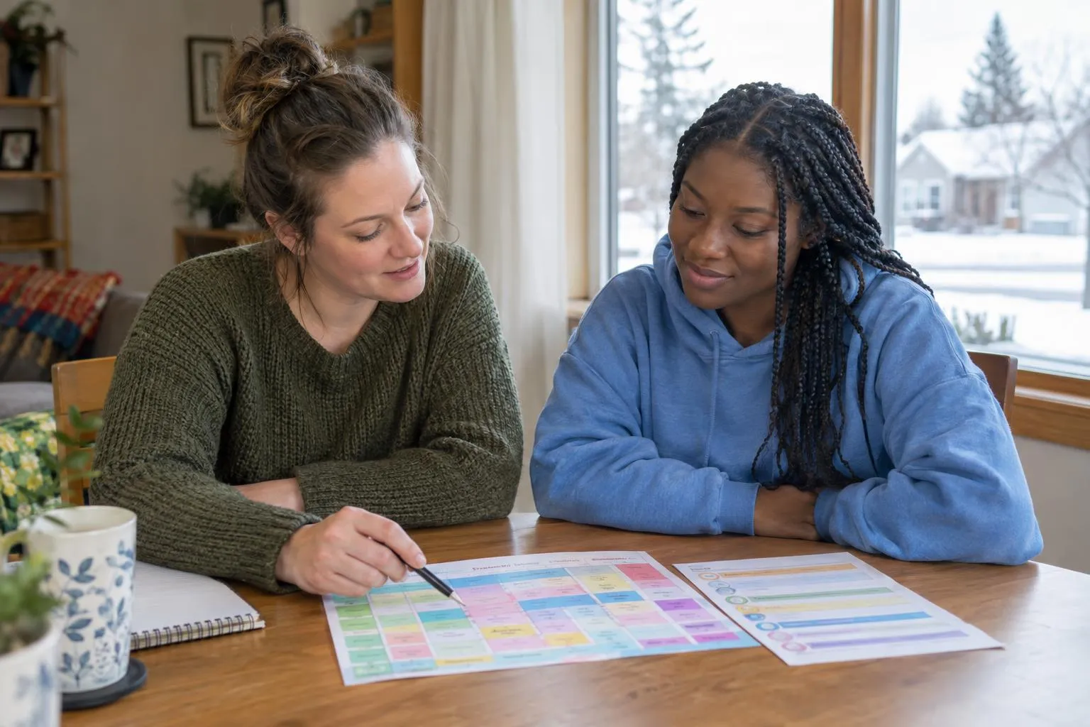 A support worker and a young woman review a weekly schedule together.