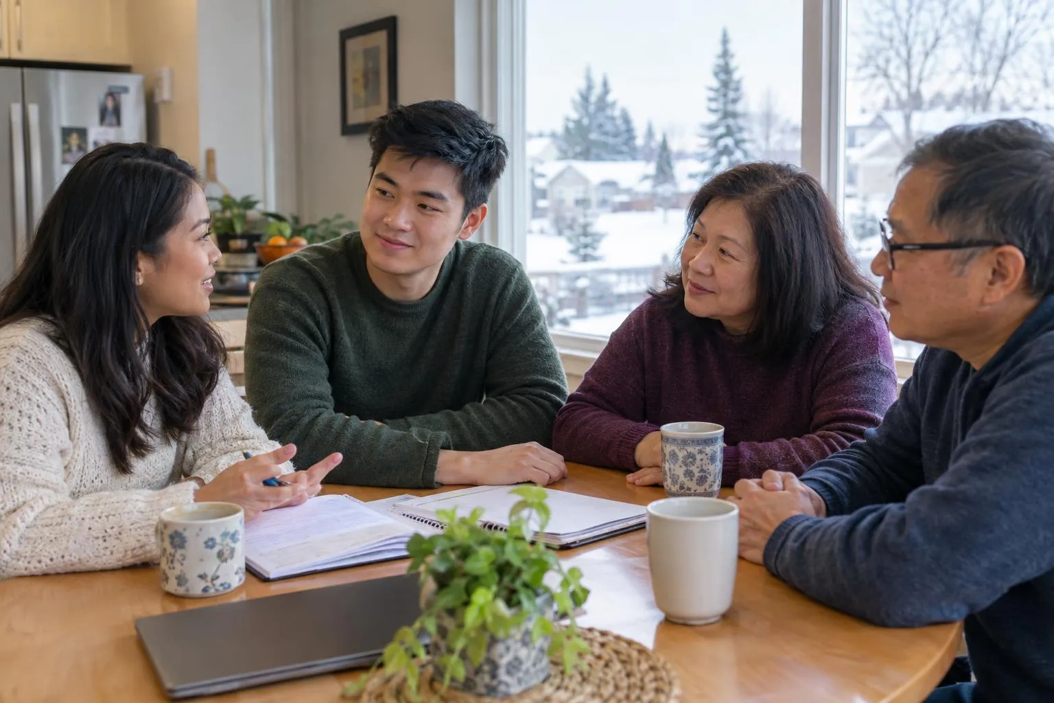 A support worker meets with a young man and his parents at the kitchen table.