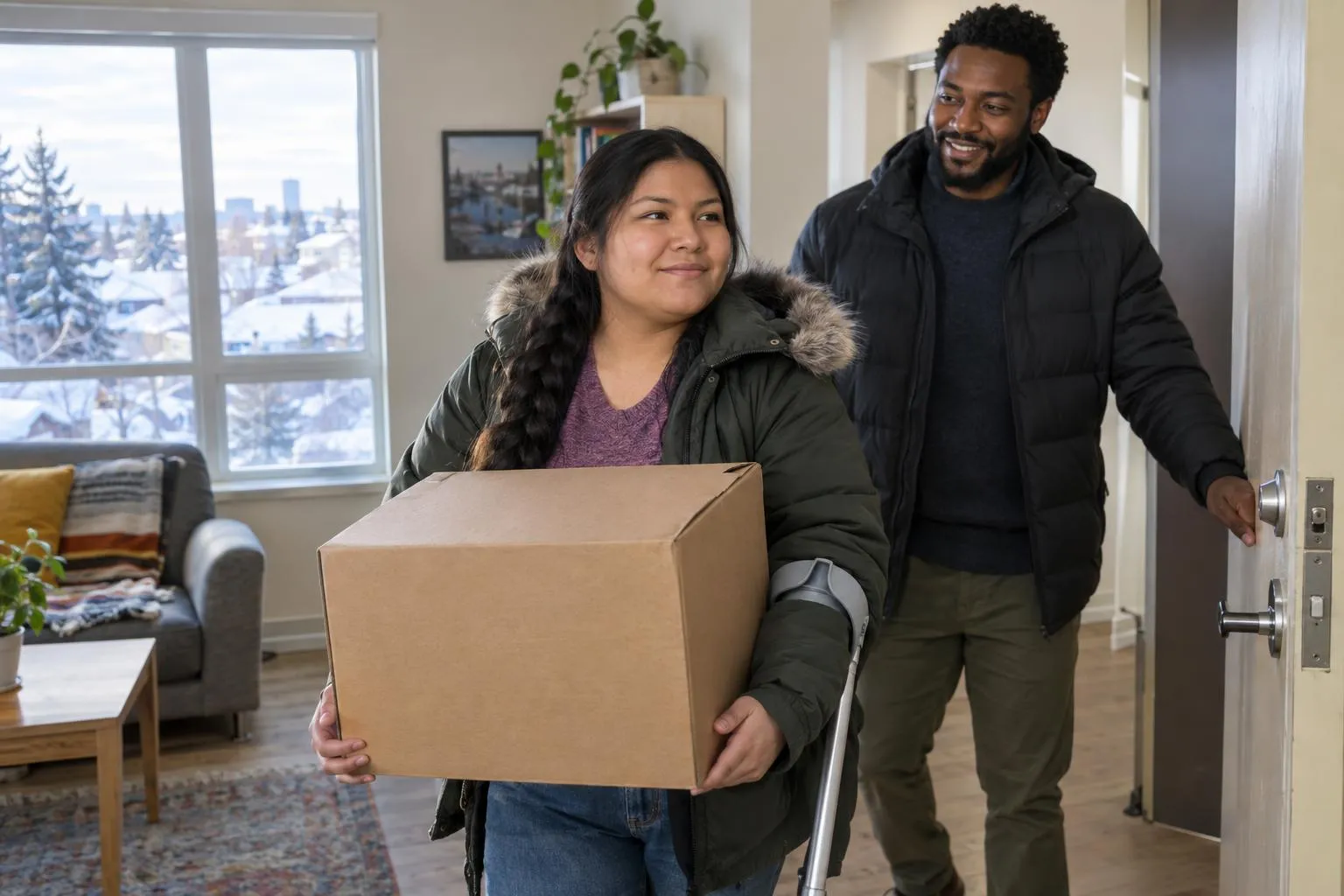 A young woman moves into a new apartment while a support worker holds the door.