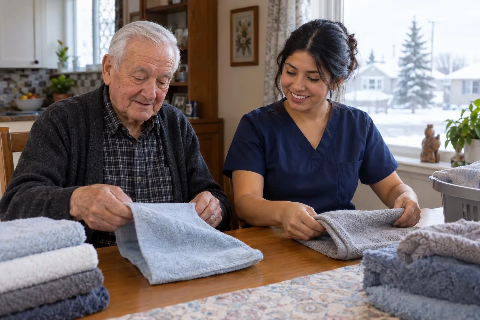 An older man and a caregiver fold towels together at the kitchen table.