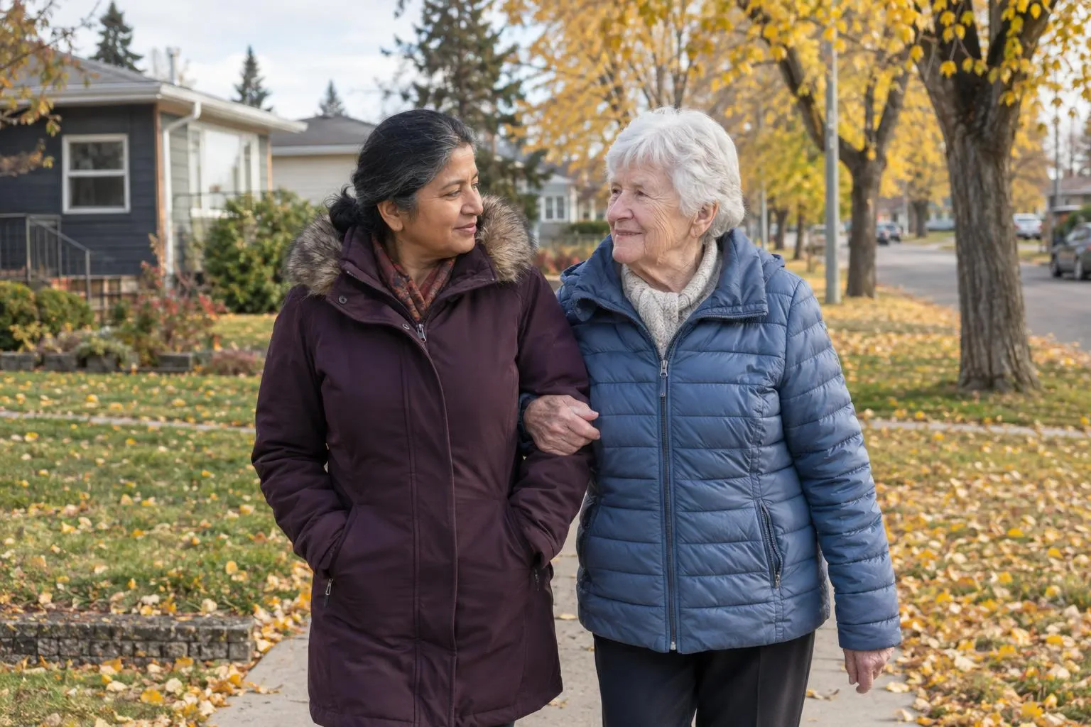 A caregiver and an older woman walk arm in arm along a quiet street in autumn.