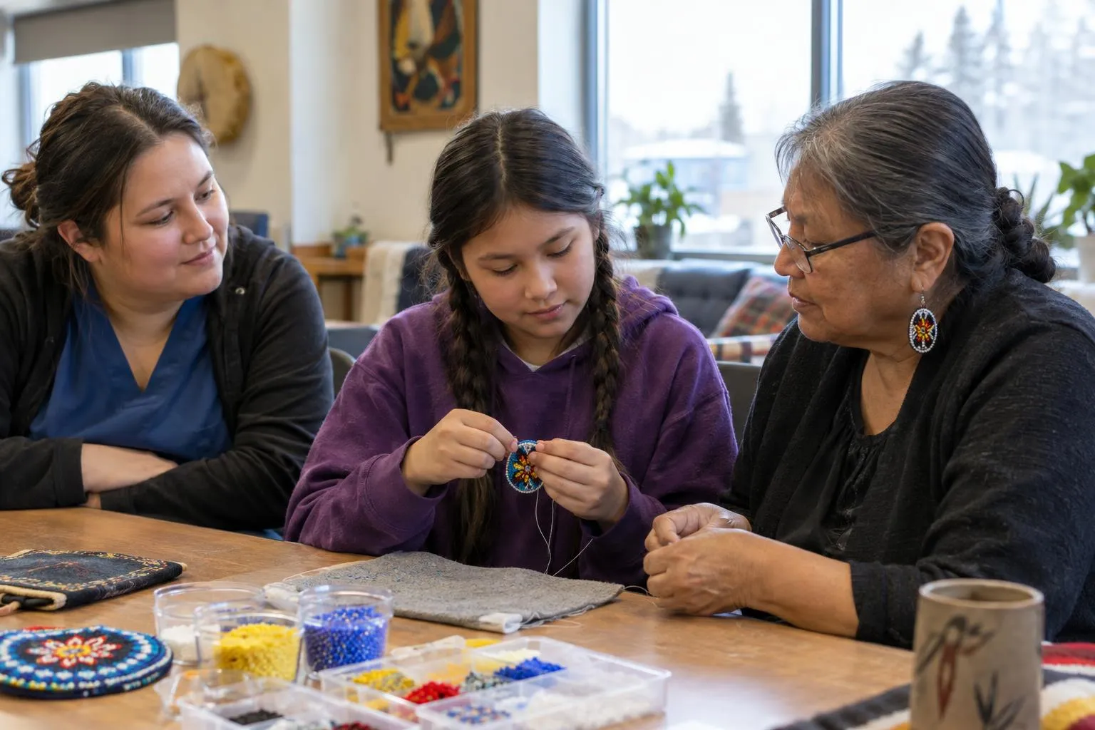 A young girl learns beadwork from an elder while a support worker sits with them.