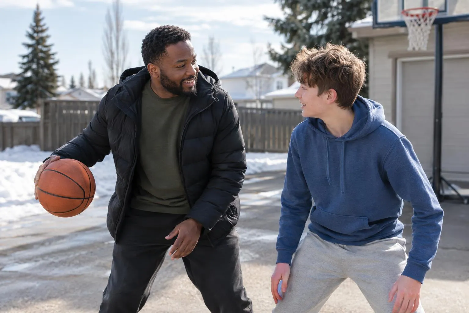 A support worker and a teenage boy talk while shooting hoops in a driveway.