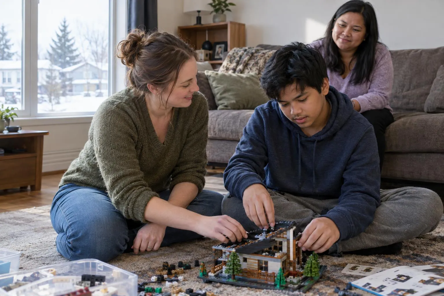 A support worker and a teenage boy build a model together on the living-room floor.