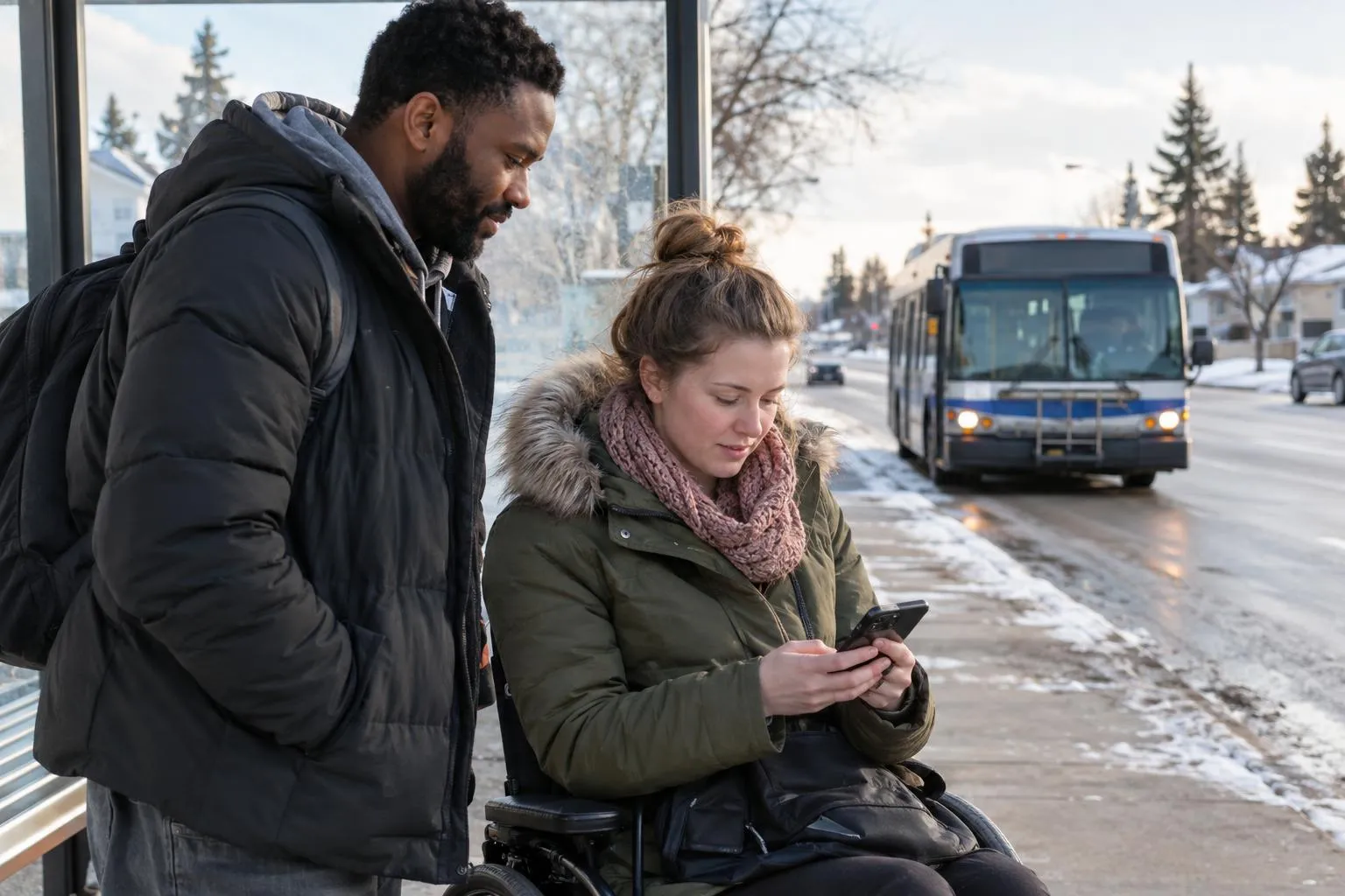 A support worker and a young adult wait at a bus stop, checking the route.