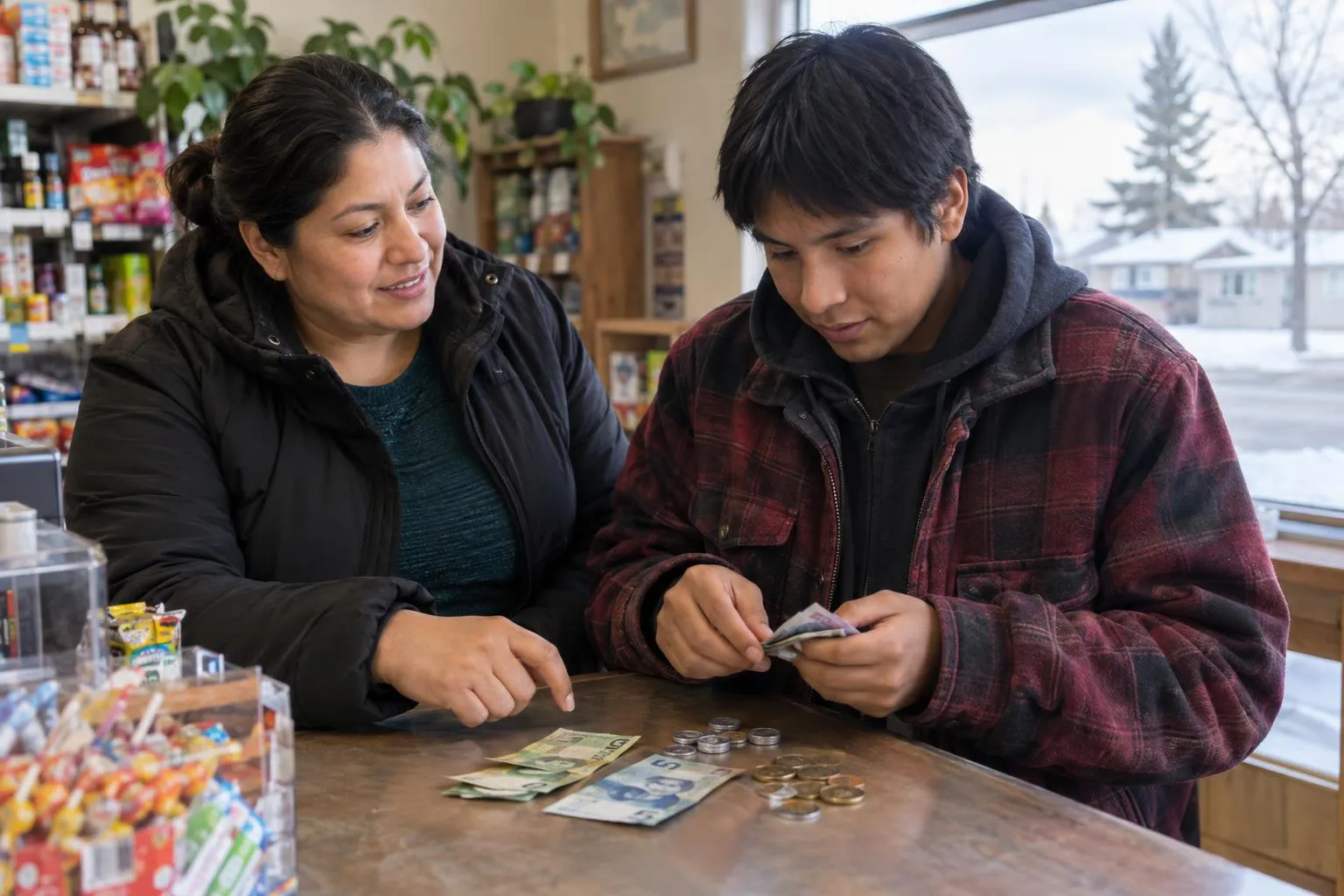 A support worker helps a young man practise paying at a store counter.