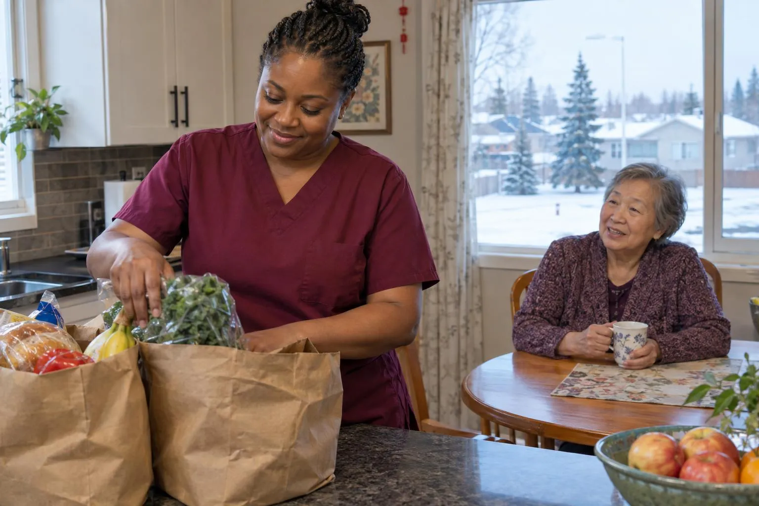 A care worker unpacks groceries in a tidy kitchen while an older woman chats with her from the table.