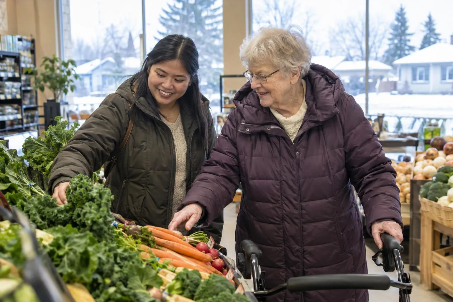A care worker and an older woman choose vegetables together at a grocery store.
