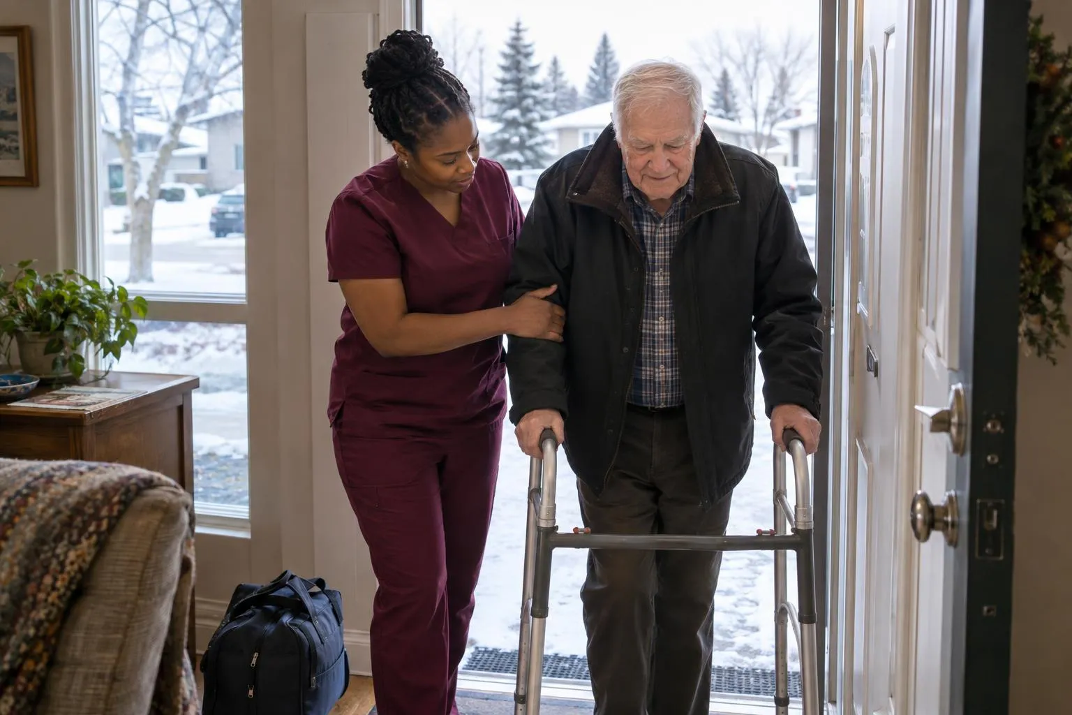 A caregiver steadies an older man with a walker as he comes through his front door.