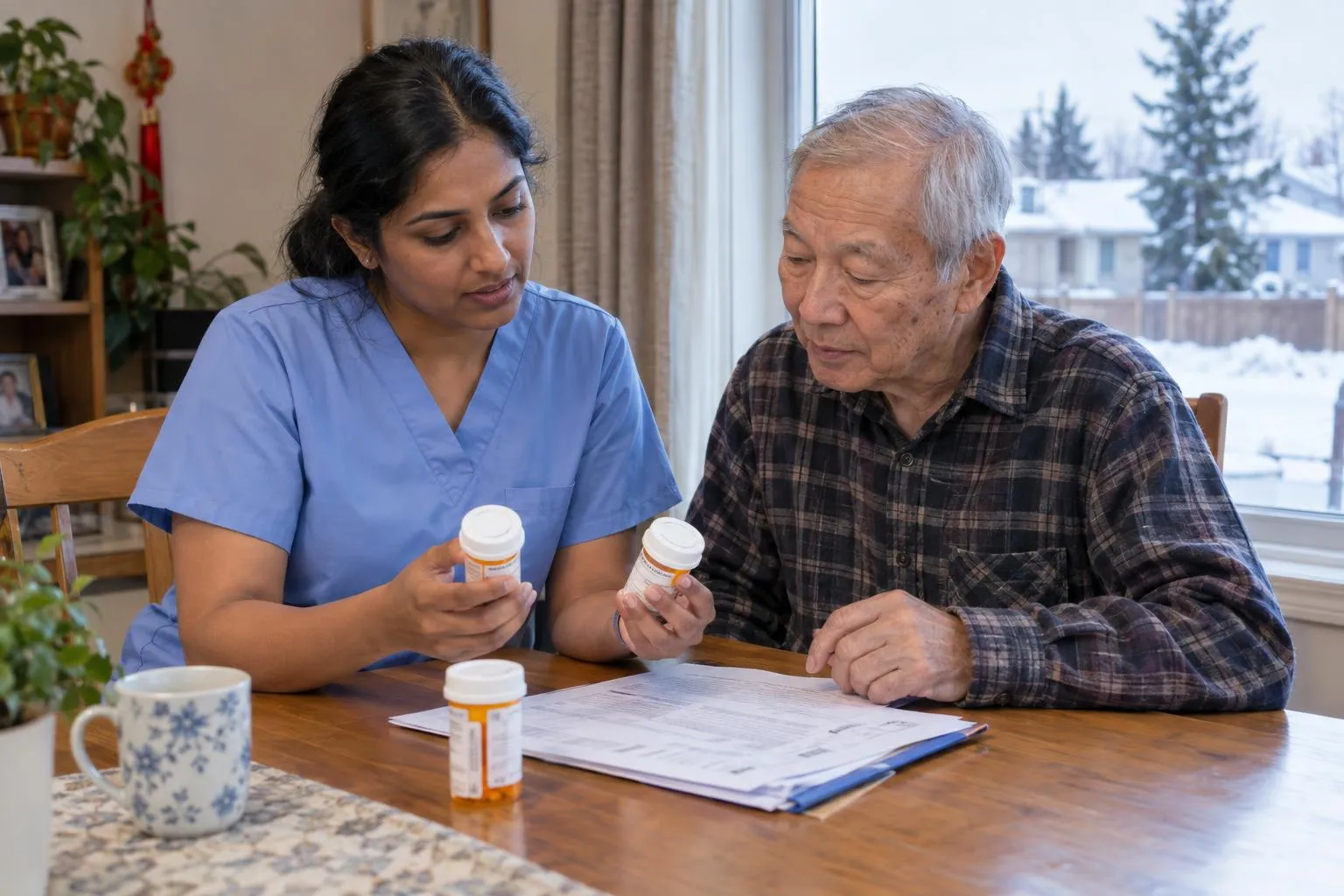 A nurse checks medications against hospital discharge papers at the kitchen table.
