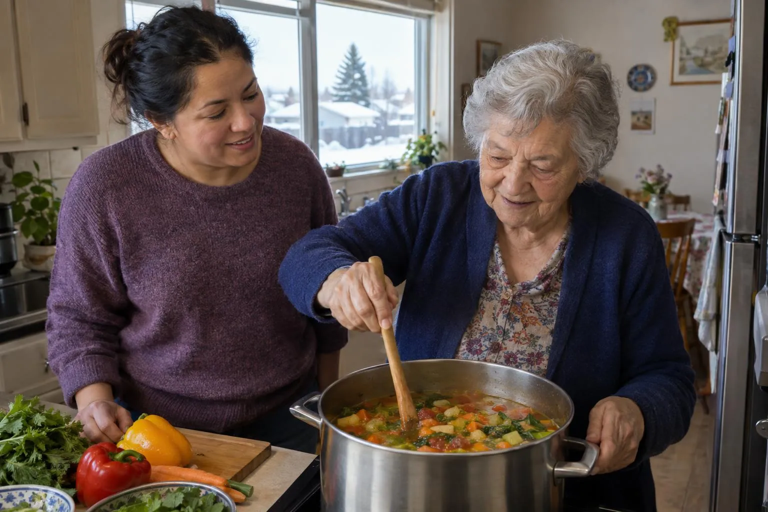 A caregiver and an older woman cook vegetable soup together at the stove.