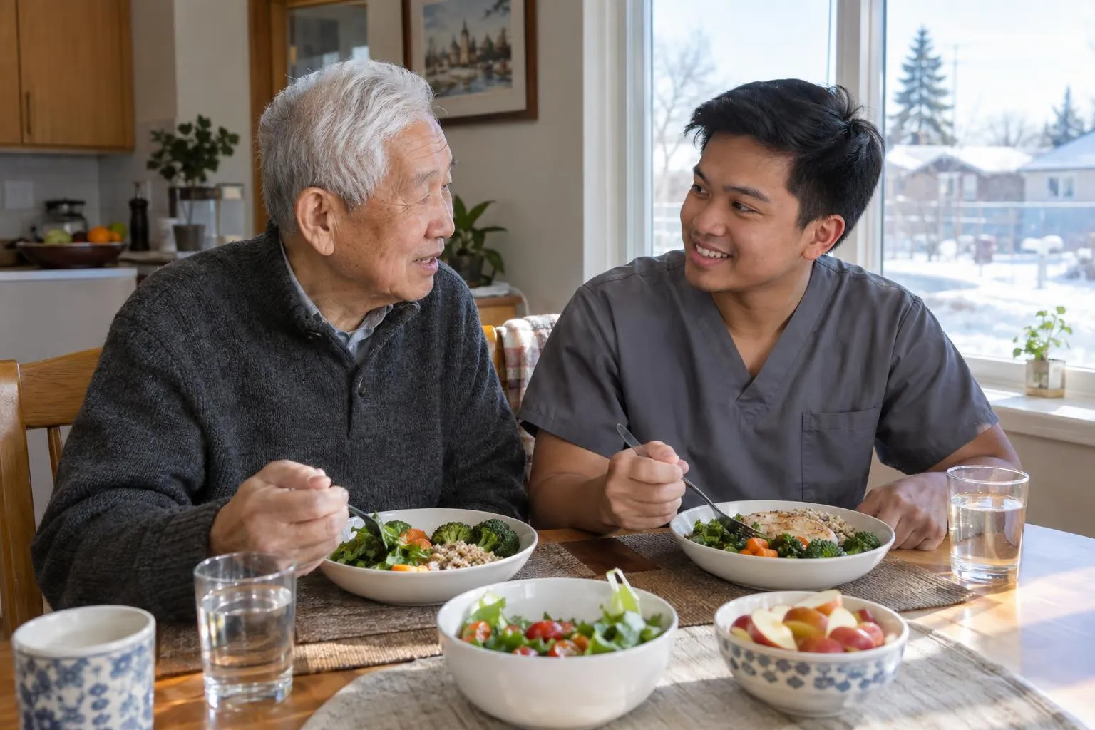 An older man and a caregiver share lunch at a sunny kitchen table.
