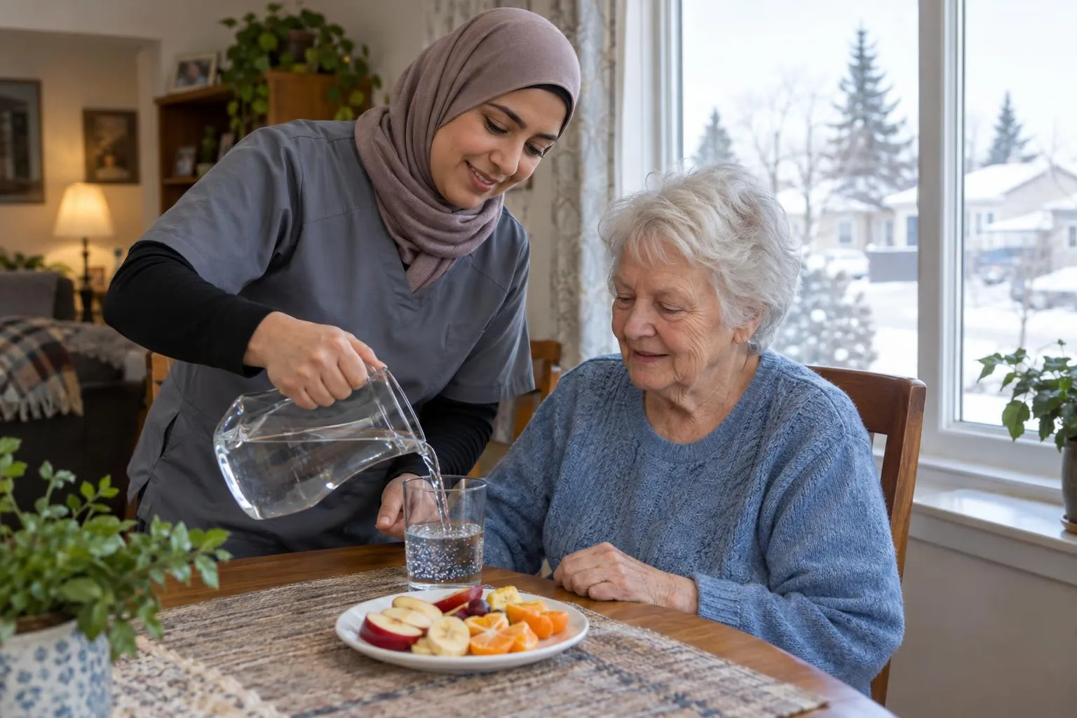 A caregiver pours a glass of water for an older woman beside a plate of fruit.