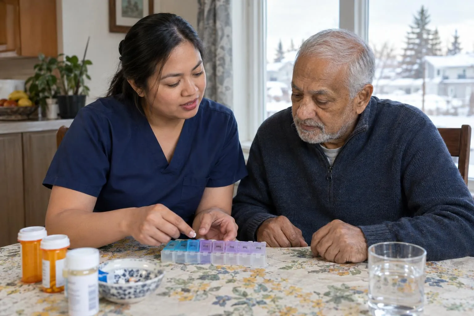 A nurse sorts medication into a weekly pill organizer with an older man at his kitchen table.