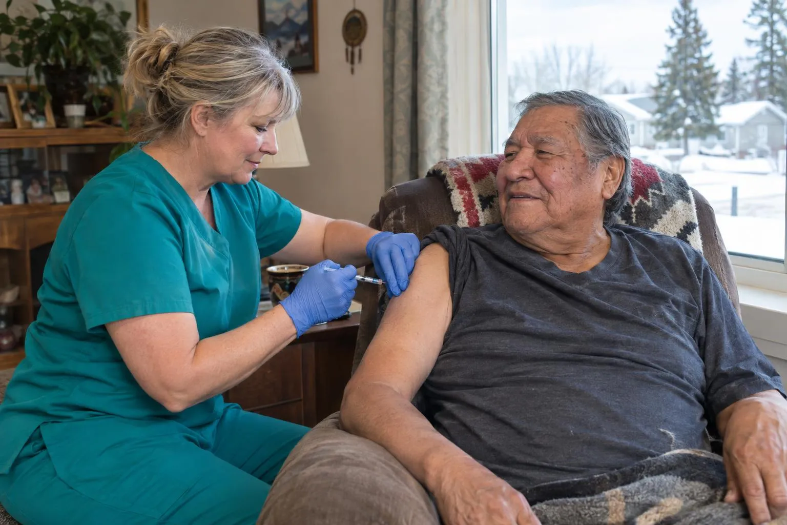 A nurse gives an older man a prescribed injection in his living room.