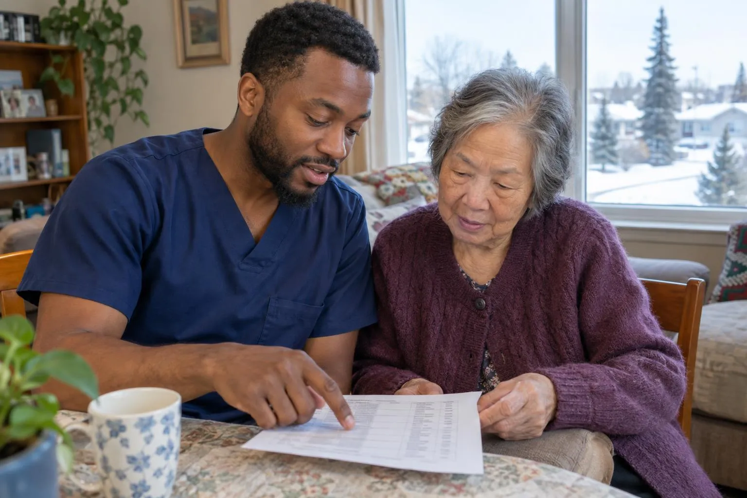 A nurse and an older woman review a printed medication list together.