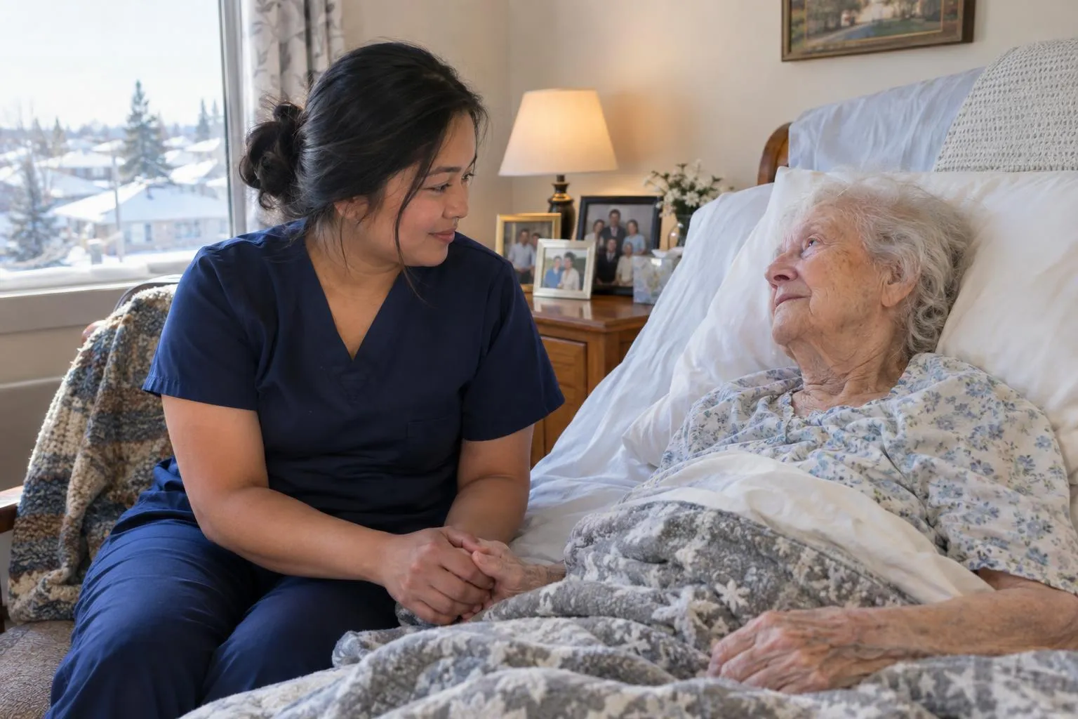 A nurse sits at the bedside of a frail older woman at home, holding her hand.