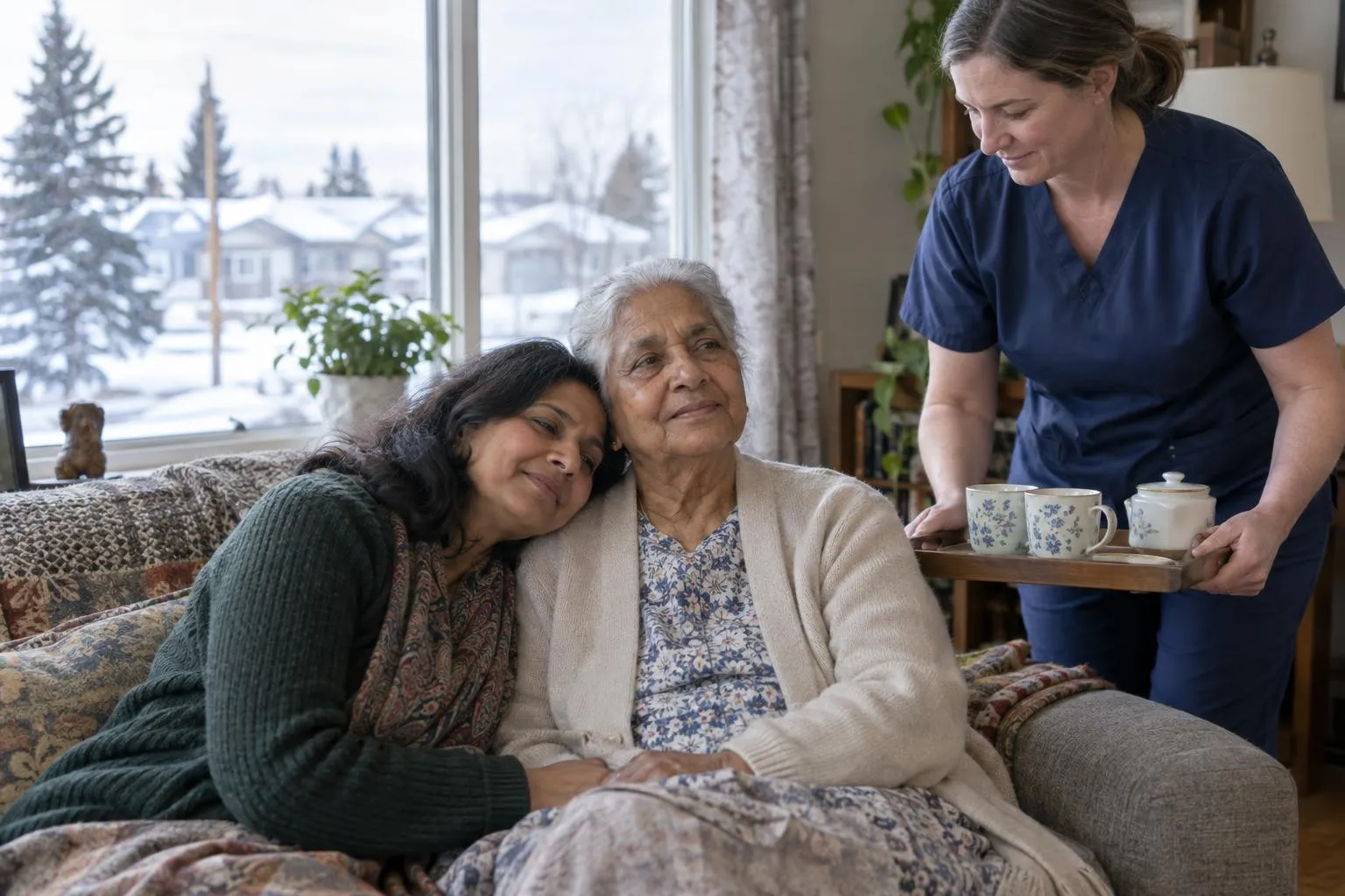 An adult daughter sits close to her mother while a caregiver brings them tea.