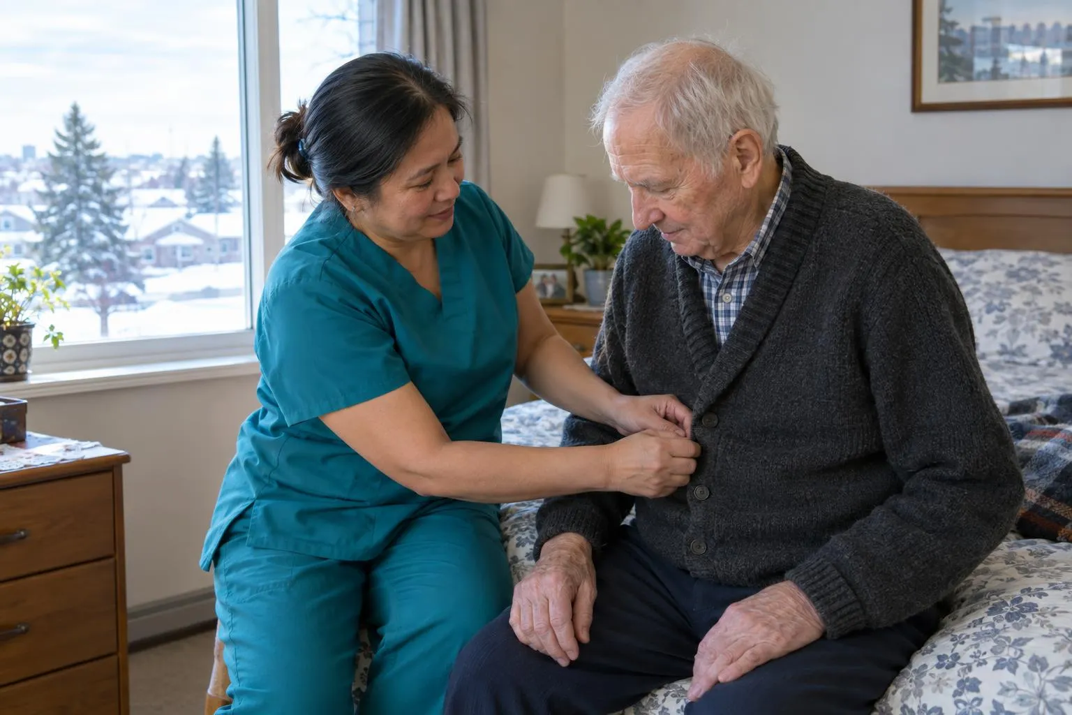 A care worker helps an older man button his cardigan as he sits on the edge of his bed.