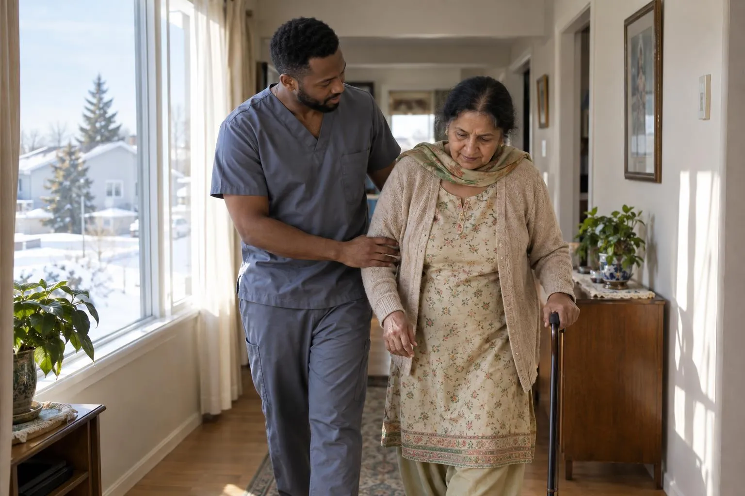 A care worker steadies an older woman walking with a cane down a hallway at home.
