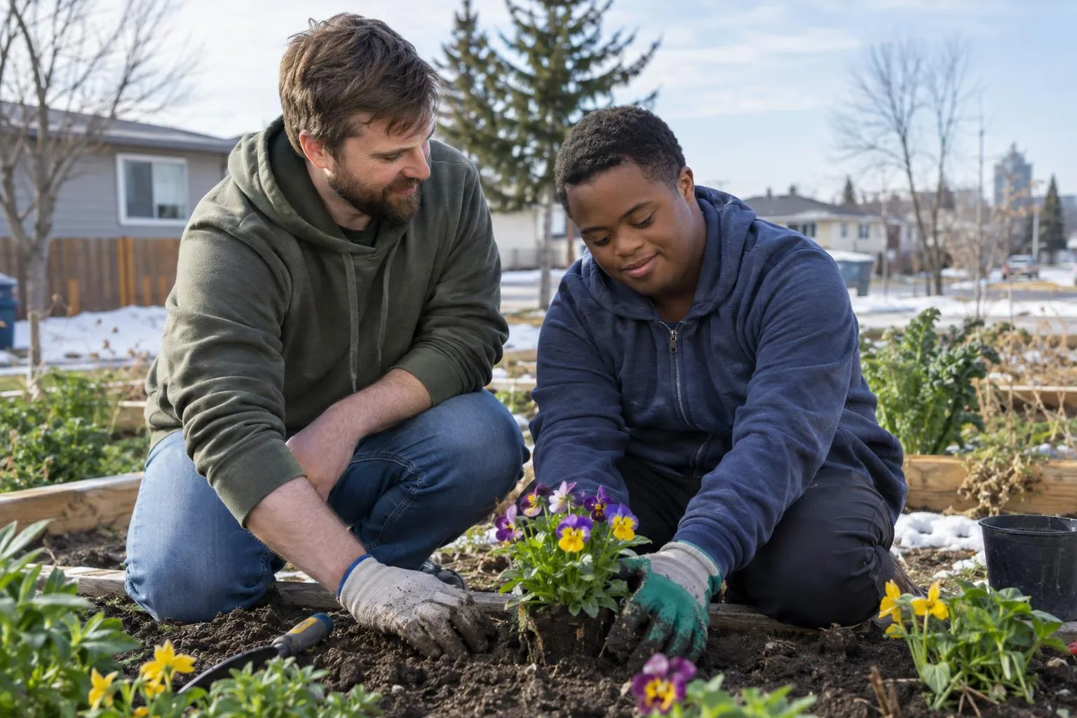 A support worker and a young man plant flowers together in a community garden.