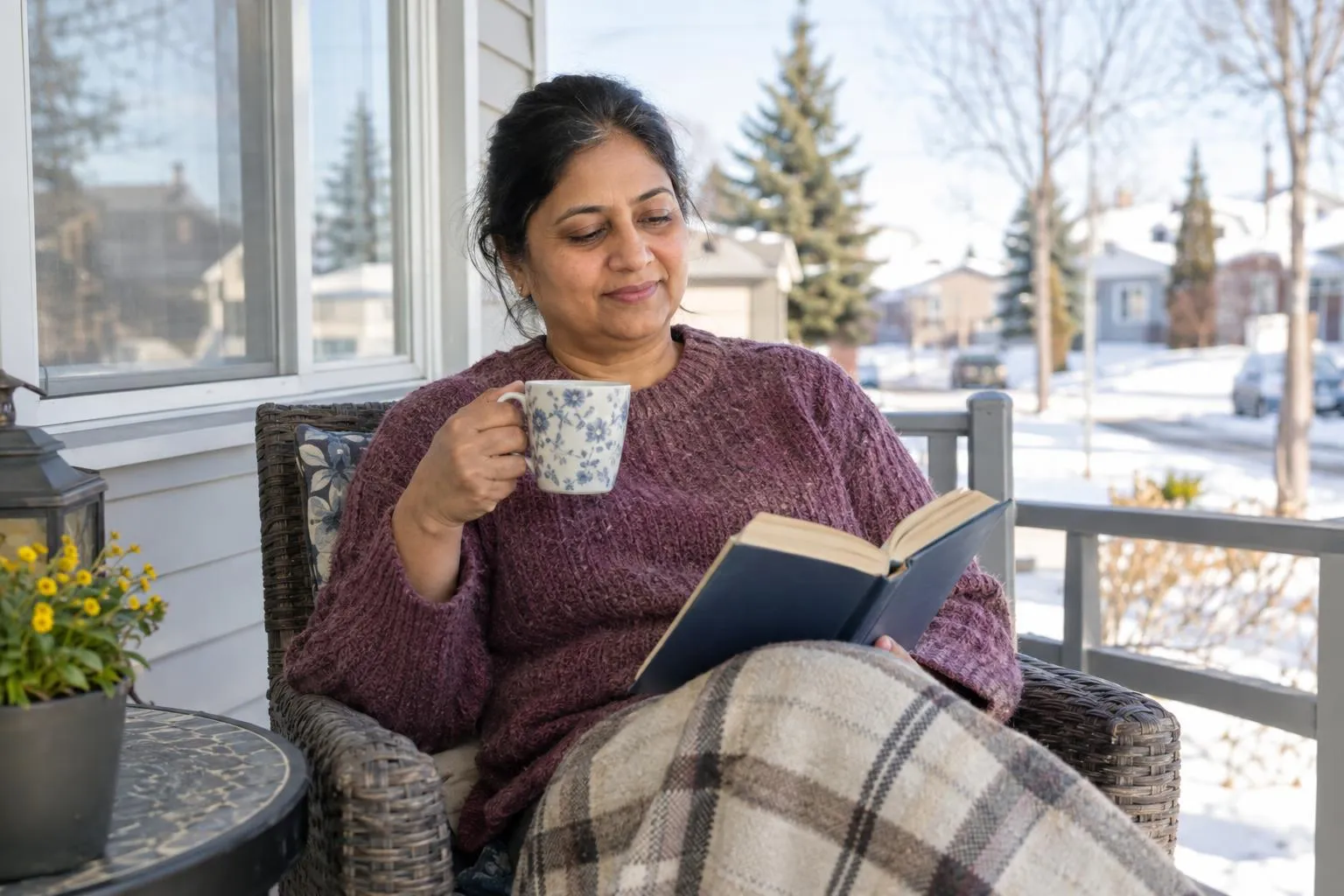 A family caregiver relaxes with a coffee and a book on a sunny porch.