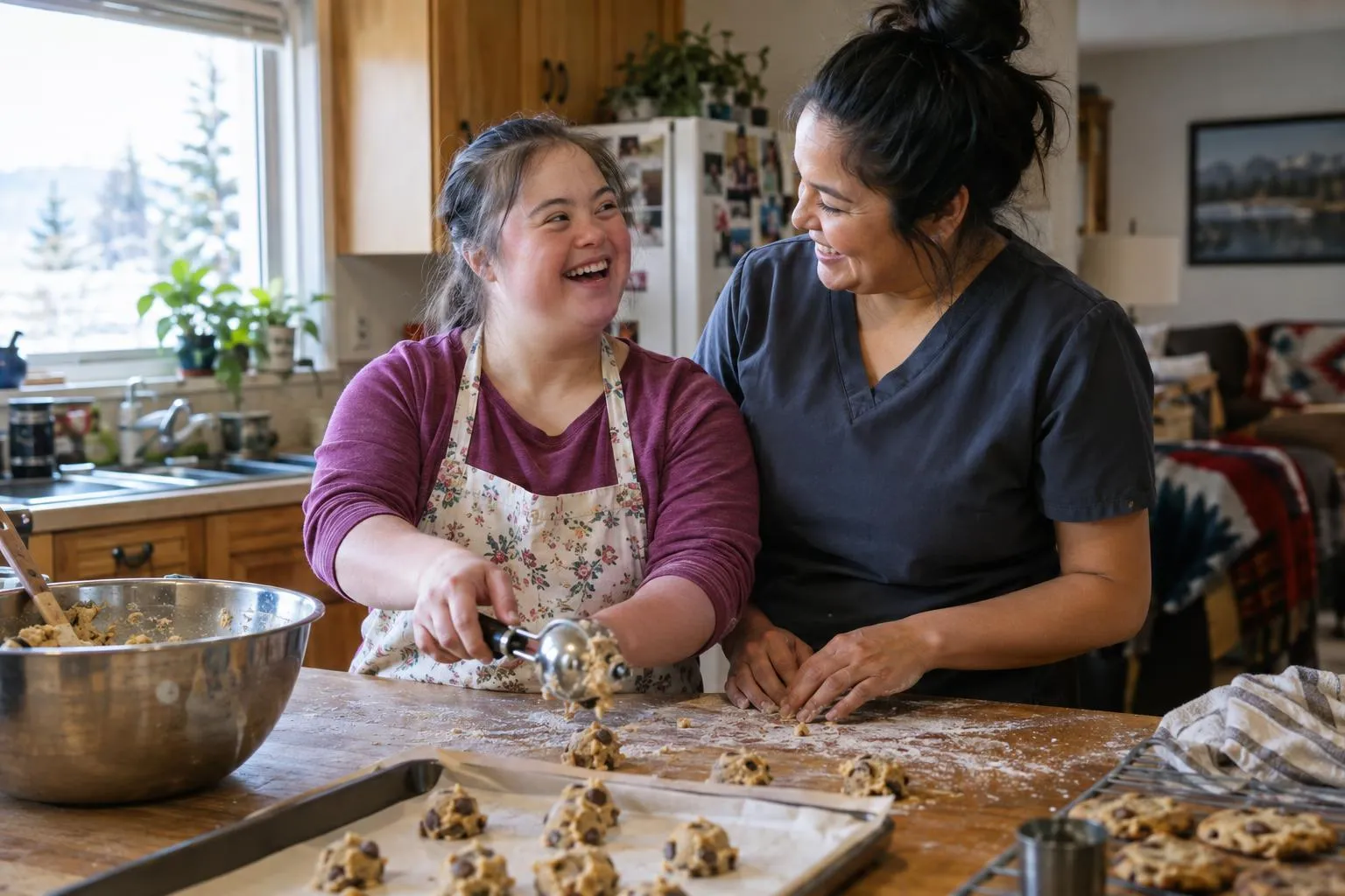 A woman with Down syndrome bakes cookies with her caregiver in a family kitchen.