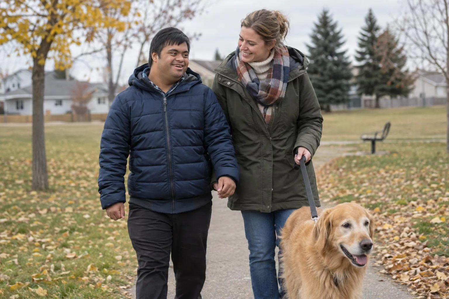 A young man and his host-family member walk a dog in a neighbourhood park.
