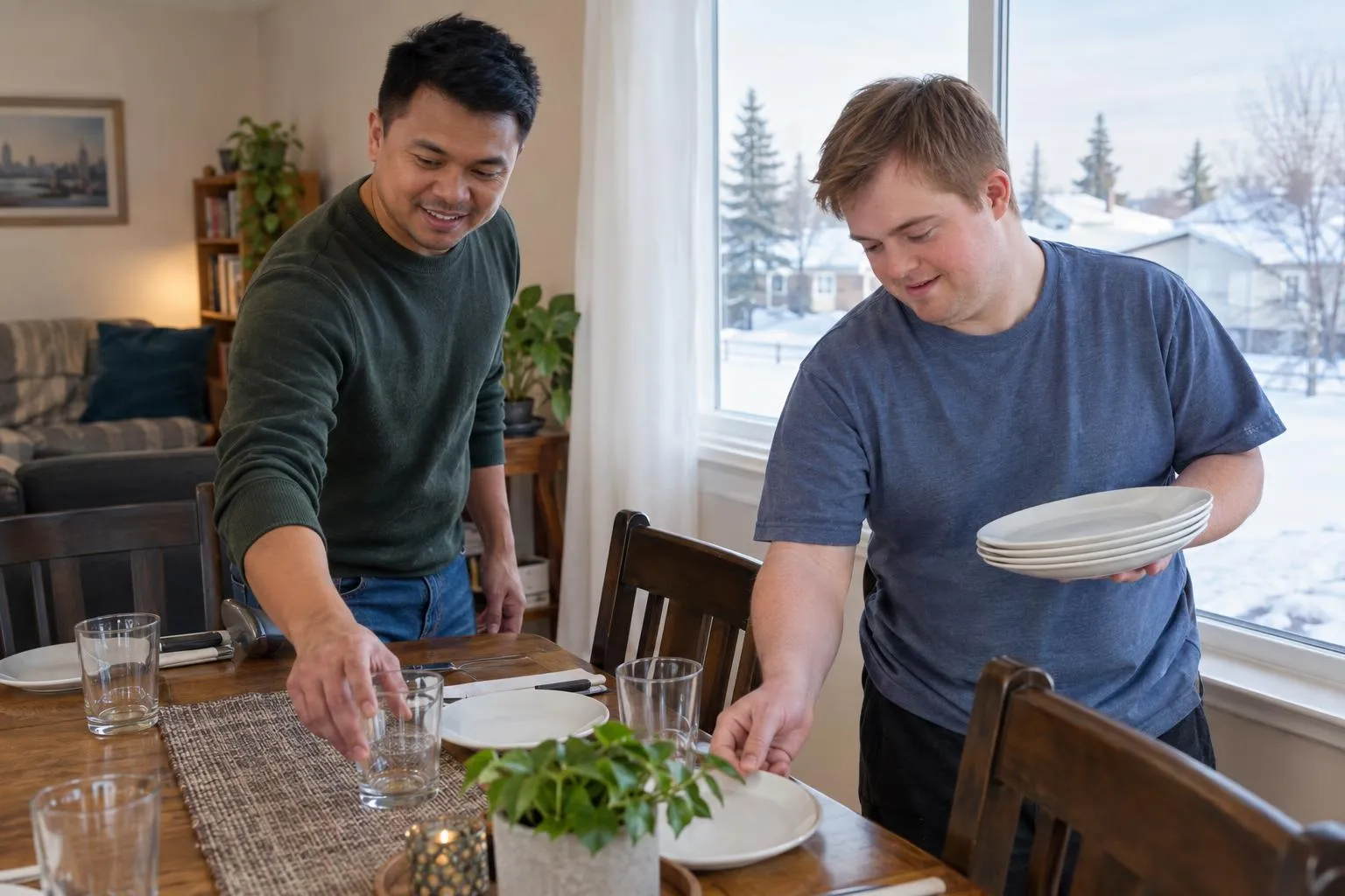 A support worker and a young man set the dinner table together in a shared home.