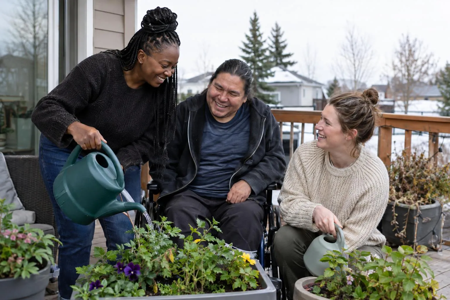 Two residents and a support worker water plants together on the back deck.