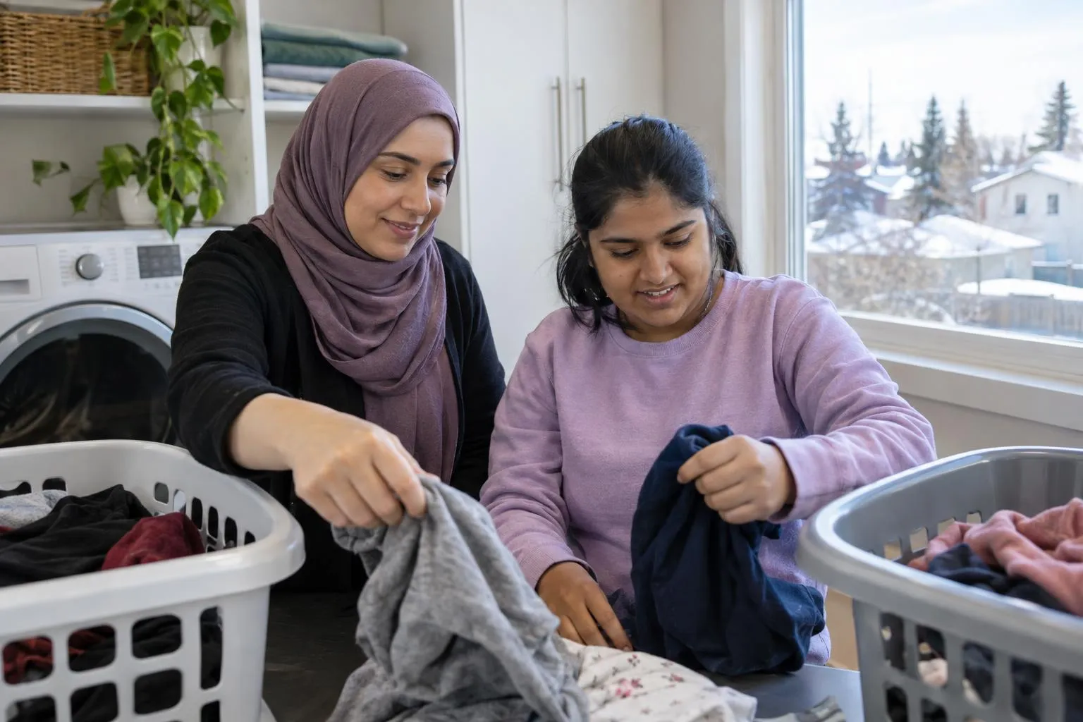 A support worker helps a young woman sort her laundry.